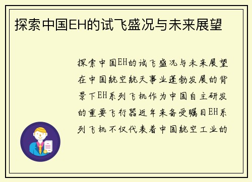探索中国EH的试飞盛况与未来展望