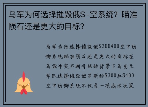 乌军为何选择摧毁俄S-空系统？瞄准陨石还是更大的目标？