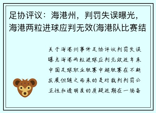 足协评议：海港州，判罚失误曝光，海港两粒进球应判无效(海港队比赛结果)