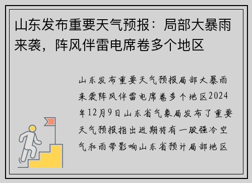 山东发布重要天气预报：局部大暴雨来袭，阵风伴雷电席卷多个地区
