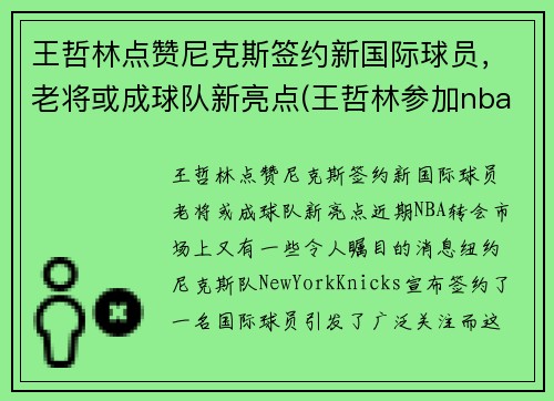 王哲林点赞尼克斯签约新国际球员，老将或成球队新亮点(王哲林参加nba)