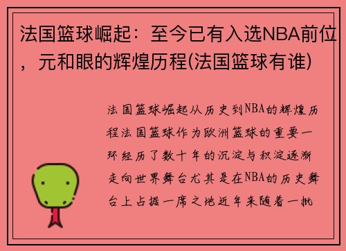 法国篮球崛起：至今已有入选NBA前位，元和眼的辉煌历程(法国篮球有谁)
