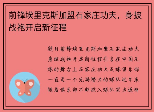 前锋埃里克斯加盟石家庄功夫，身披战袍开启新征程