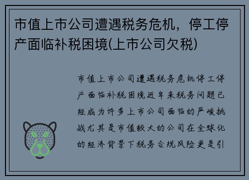 市值上市公司遭遇税务危机，停工停产面临补税困境(上市公司欠税)