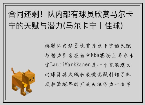 合同还剩！队内部有球员欣赏马尔卡宁的天赋与潜力(马尔卡宁十佳球)