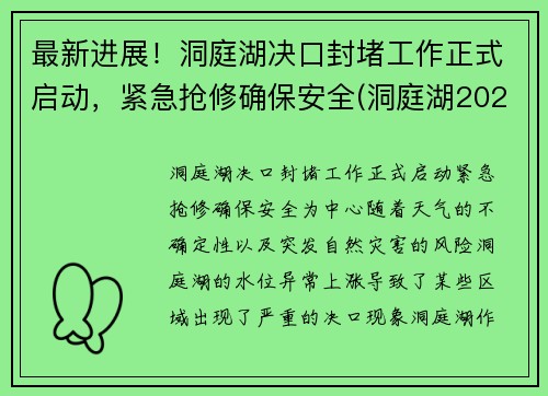 最新进展！洞庭湖决口封堵工作正式启动，紧急抢修确保安全(洞庭湖2021年治理最新消息)